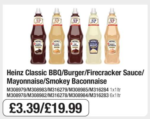 Heinz Classic BBQ/Burger/Firecracker Sauce/Mayonnaise/Smokey Baconnaise