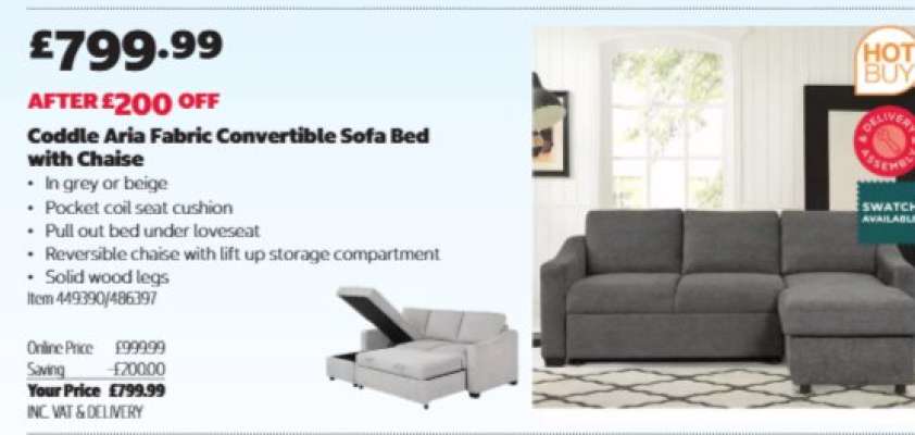 Coddle Aria Fabric Convertible Sofa Bed with Chaise
