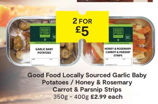 Good Food Locally Sourced Garlic Baby Potatoes / Honey & Rosemary Carrot & Parsnip Strips