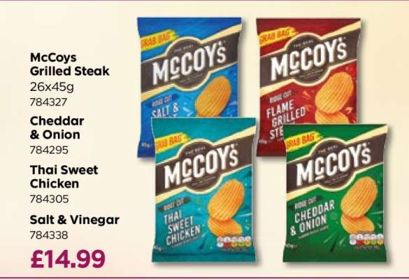 McCoys Grilled Steak, Cheddar & Onion, Thai Sweet Chicken, Salt & Vinegar