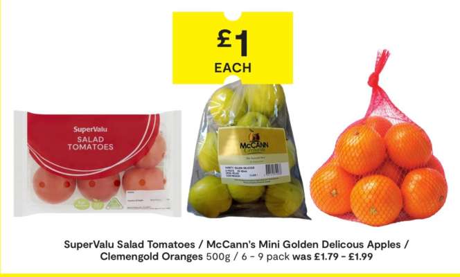SuperValu Salad Tomatoes / McCann's Mini Golden Delicious Apples / Clemengold Oranges