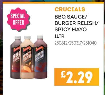 CRUCIALS BBQ SAUCE/ BURGER RELISH/ SPICY MAYO