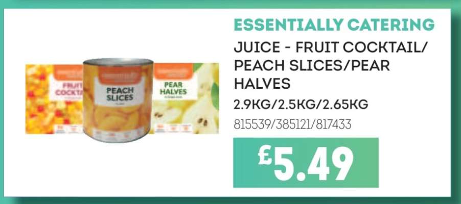 Essentially Catering Juice - Fruit Cocktail/Peach Slices/Pear Halves