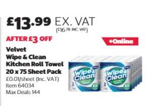Velvet Wipe & Clean Kitchen Roll Towel, 20 x 75 Sheet Pack
