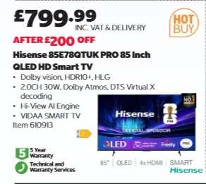 Hisense 85E78QTUK PRO 85 Inch QLED HD Smart TV