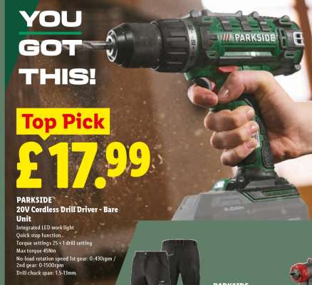 PARKSIDE 20V Cordless Drill Driver - Bare Unit