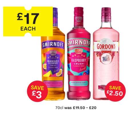 Smirnoff Mango & Passionfruit Twist, Smirnoff Raspberry Crush, Gordon's Premium Pink