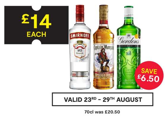 Smirnoff No. 21 Vodka, Captain Morgan Original Spiced Gold, Gordon's London Dry Gin