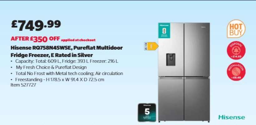 Hisense RQ758N4SWSE, Pureflat Multidoor Fridge Freezer, E Rated in Silver