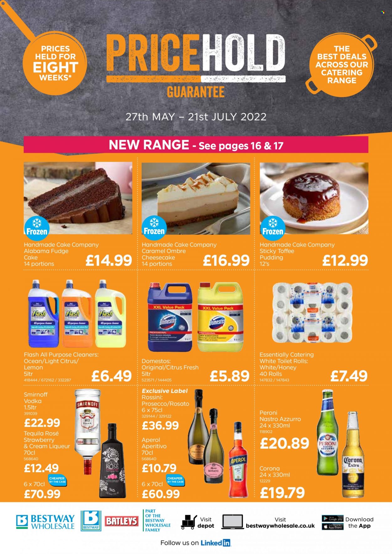 Bestway offer  - 27.5.2022 - 21.7.2022 - Sales products - Corona, beer, Peroni, cake, cheesecake, pudding, Fudge, toffee, caramel, honey, prosecco, wine, liqueur, Smirnoff, tequila, vodka, Aperol, toilet paper, Domestos. Page 1.